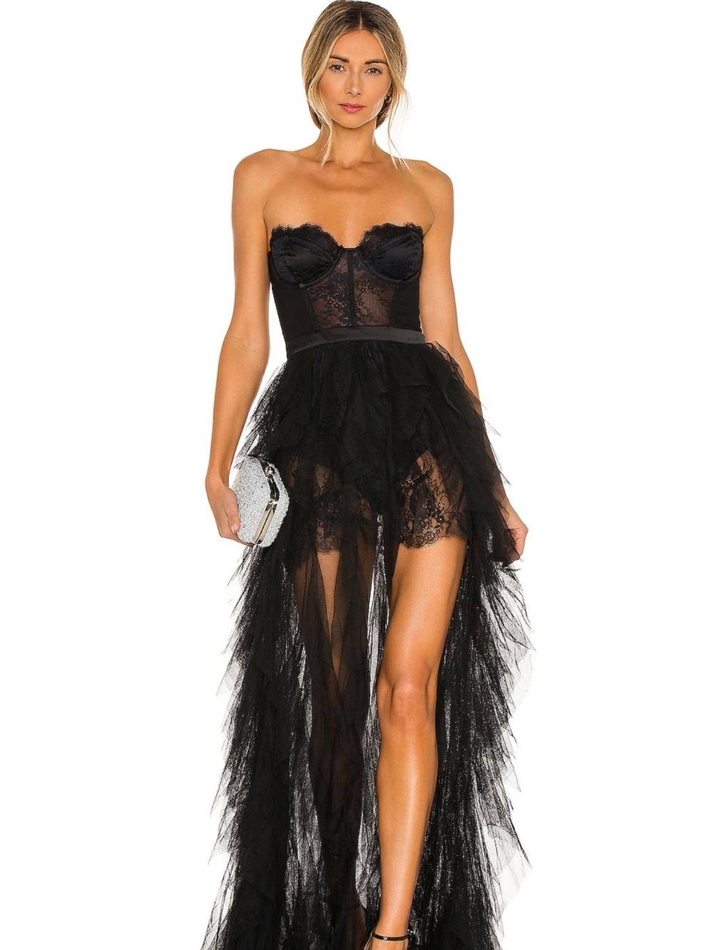 Strapless Black Lace Corset High-Low Tulle Evening Dress